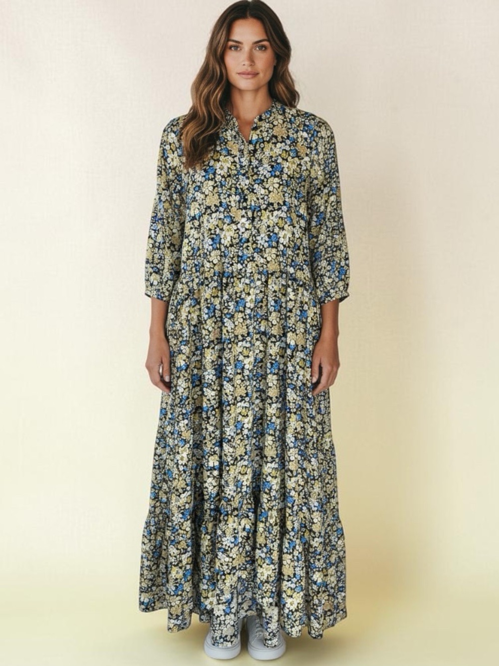 Anthropologie MELLODAY Blue and Yellow Floral High Low Maxi Dress Small EUC - Picture 9 of 9